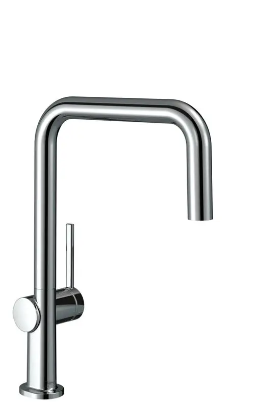 Einhebel-Küchenmischer aus verchromtem Material von Hansgrohe mit einem geschwungenen Auslauf und seitlichem Hebel zur Steuerung des Wasserflusses.